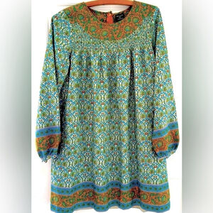 Kate Moss Topshop tunic dress paisley bohemian green floral US4 billowy pockets